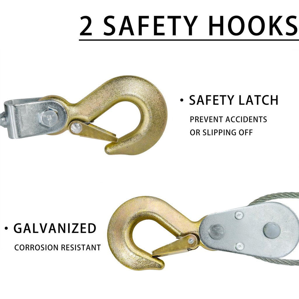 Come Along Winch with Sling,2 Tons/4400lbs, 12 ft Steel Cable | 2 Hooks, Two 1" x 8FT Lifting Sling, Dual Gears