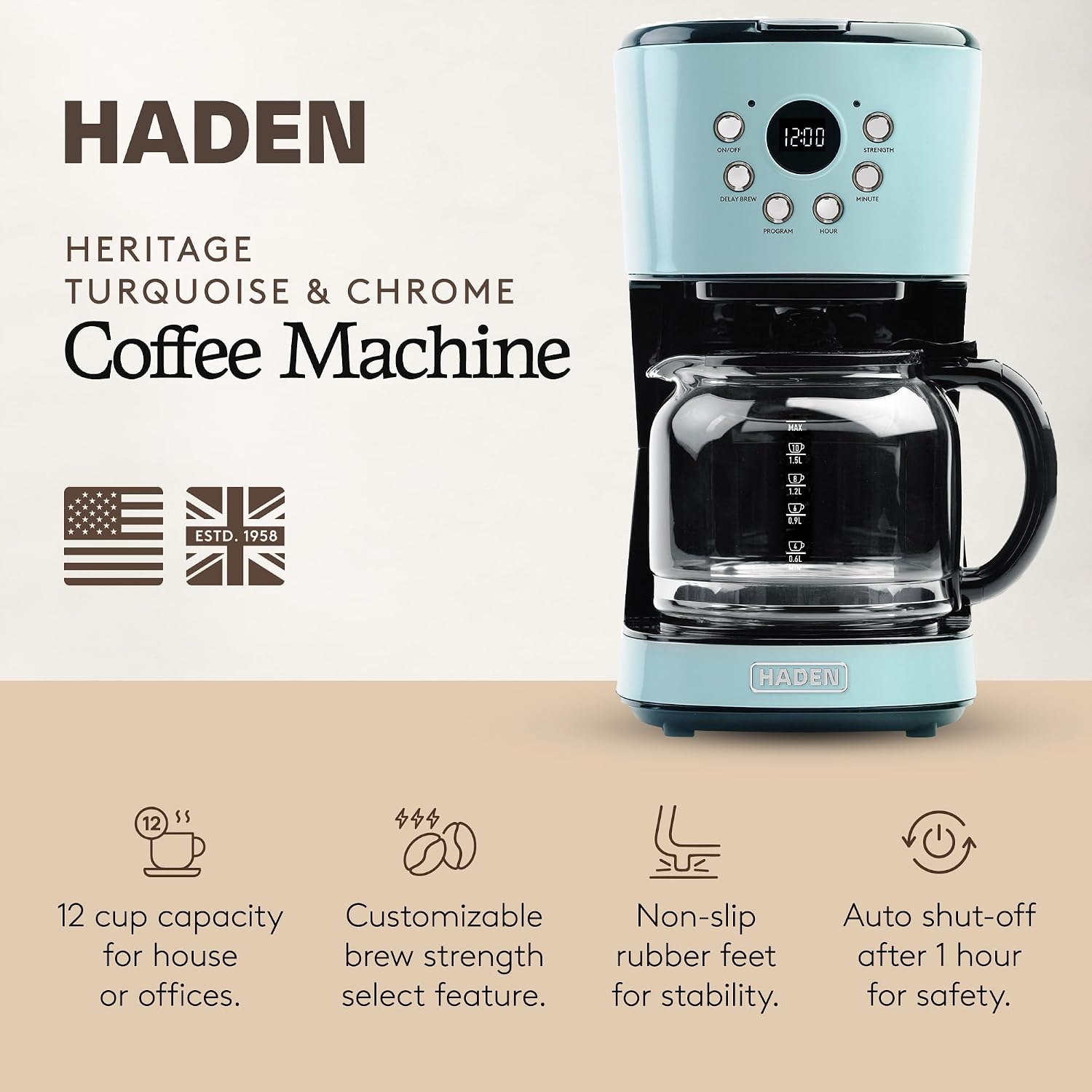 Coffee Machine, 12 Cup Programmable Drip Coffee Maker | with Auto Shut-Off Function and Reusable Washable Water