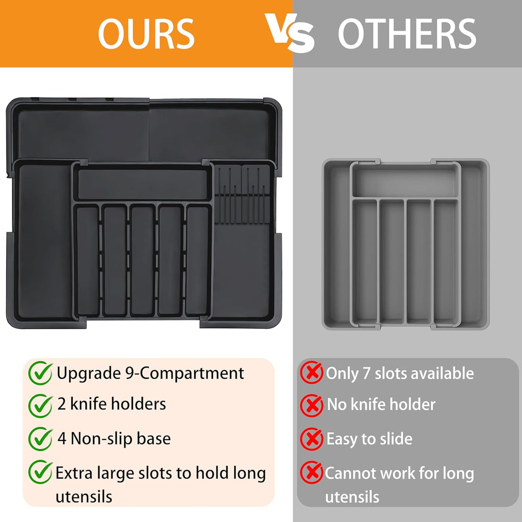 Silverware Organizer - Expandable Large Kitchen Drawer Organizer Utensil Organizer with 2 Removable Knife Blocks