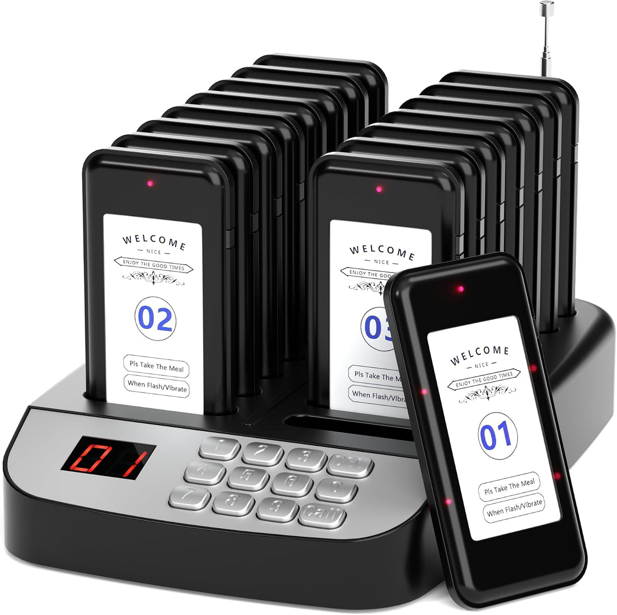 16-Buzzer Restaurant Pager System, Wireless Calling System with LCD Screen, Waterproof Queue Waiting Pagers for