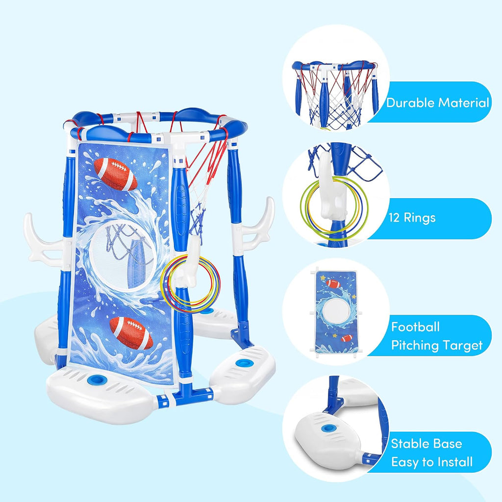 Pool Basketball Hoop, 3-in-1 Floating Poolside Basketball Ring Game Football for Kids Ages 3-12, Outdoor Summer