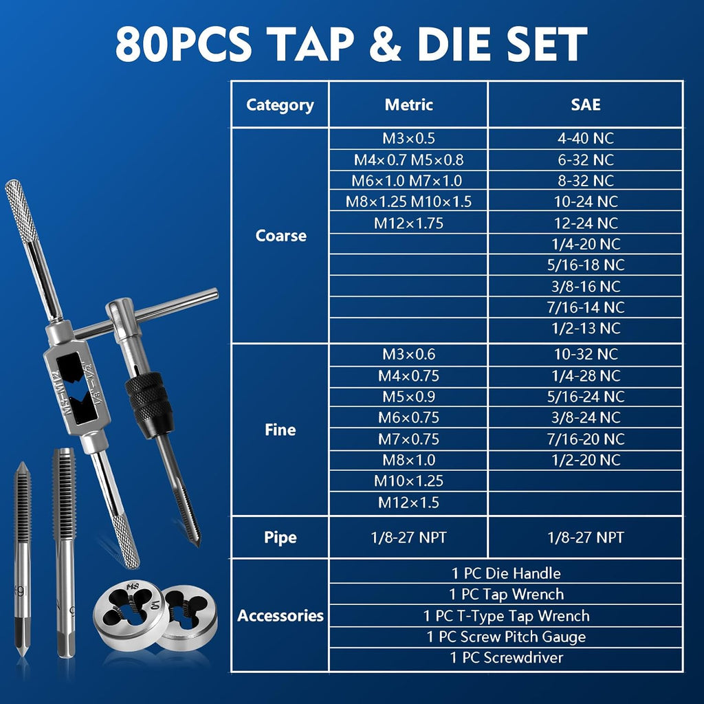 Tap and Die Set M3-M12, 80pcs Thread Repair Kit