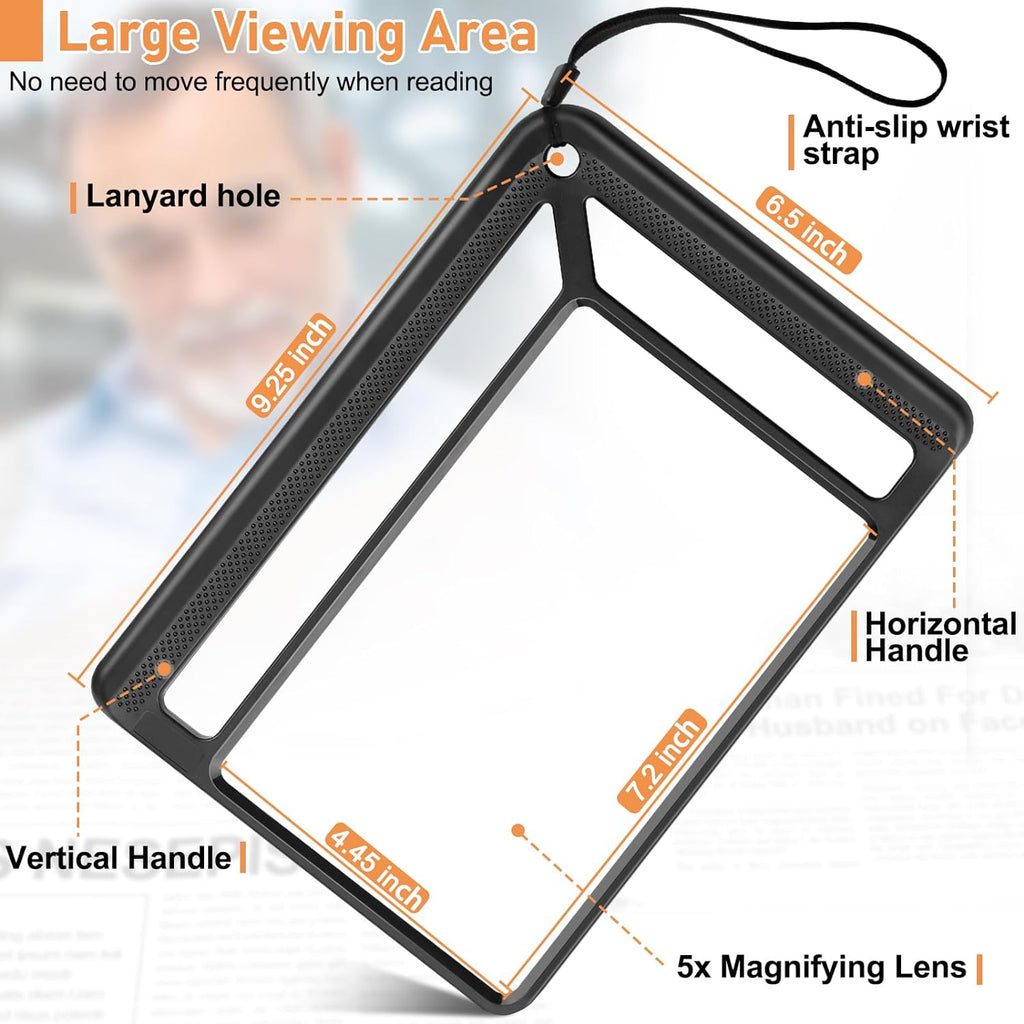 5X Full Page Magnifying Glass for Reading, Lightweight Rectangular Magnifier Provides Large Book Page Viewing Area