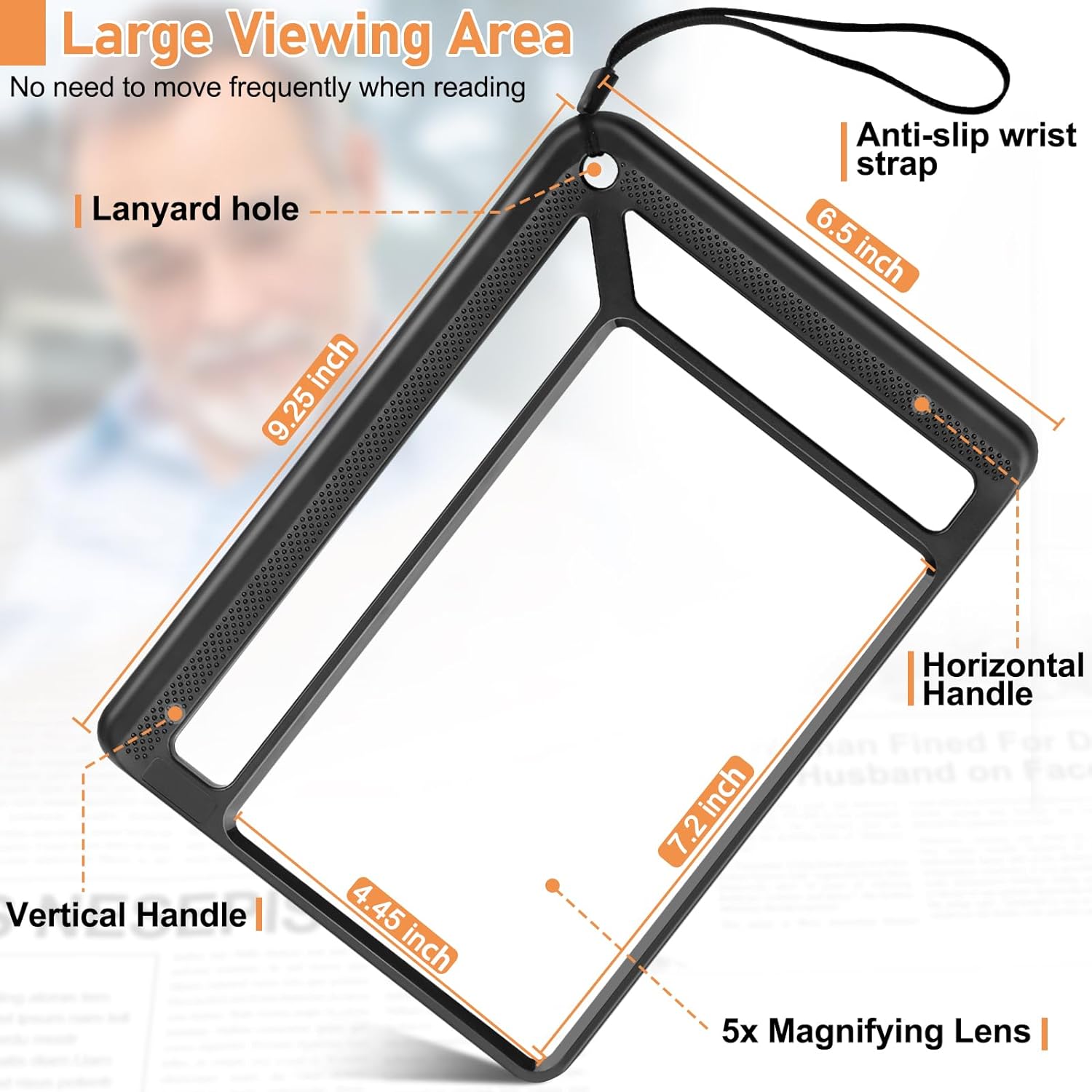 5X Full Page Magnifying Glass for Reading, Lightweight Rectangular Magnifier Provides Large Book Page Viewing Area