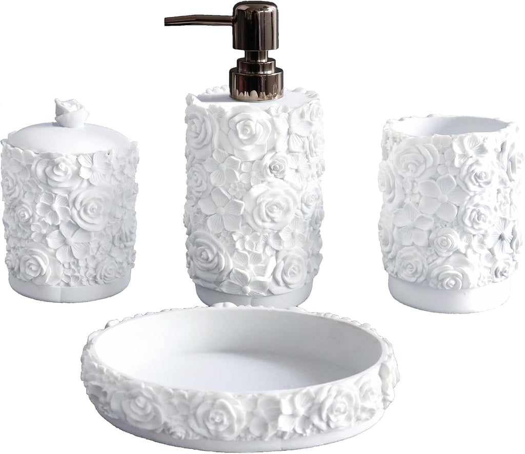 Bathroom Accessories Set,Rose Design Bathroom Set,Farmhouse Bathroom Decor,4 Pcs Resin Gift Set Apartment