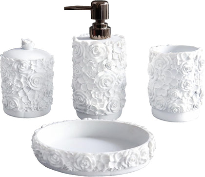 Bathroom Accessories Set,Rose Design Bathroom Set,Farmhouse Bathroom Decor,4 Pcs Resin Gift Set Apartment