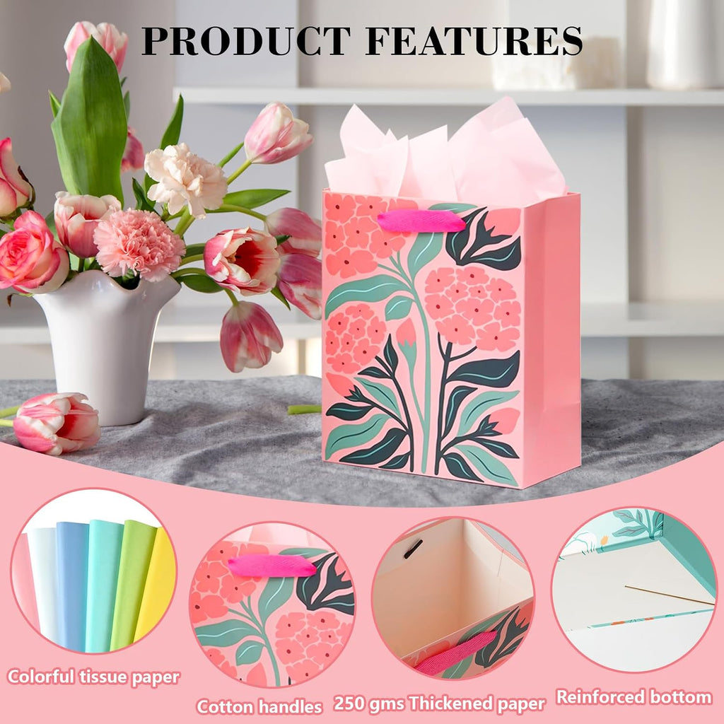 Beautiful Gift Bags with Tissue Paper, Assorted Abstract Floral Designs