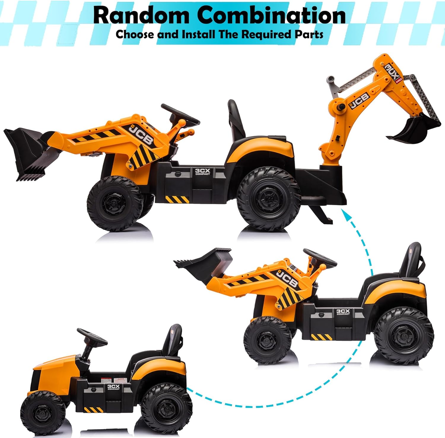 24V 3 in 1 Ride on Tractor, Excavator & Bulldozer for Kids, Licensed JCB Electric Vehicle w/Remote Control, Front