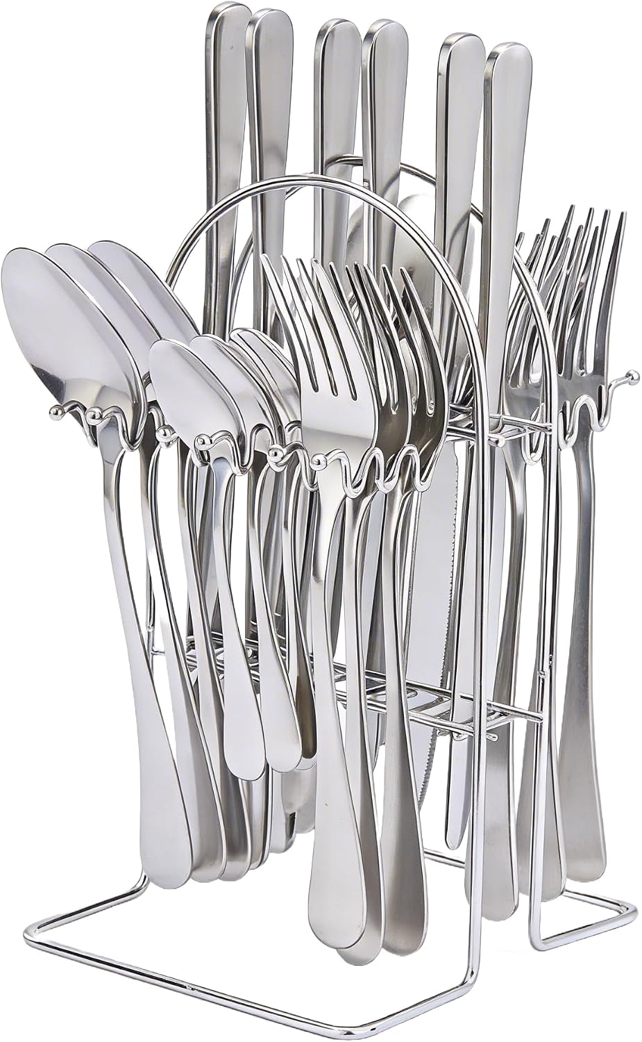Premium 24-Piece Silverware Set with Holder/Organizer, Modern Design Spoons, Forks, Dinner Knives, Dessert Spoons