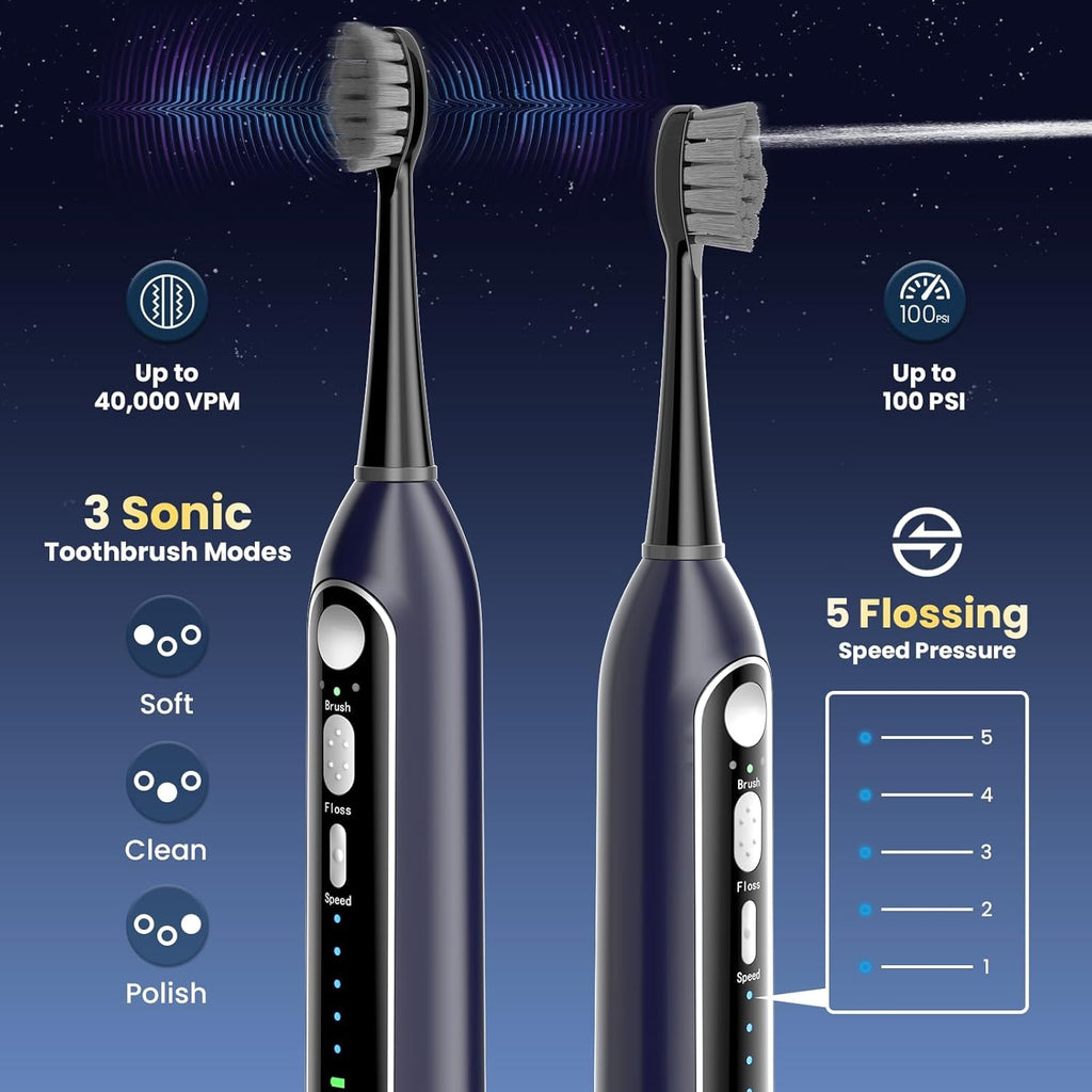 Electric Toothbrush with Water Flosser, Upgraded 2.0 Flossing Toothbrush with 5 Speeds & 3 Modes, 30 Days/Charge, for