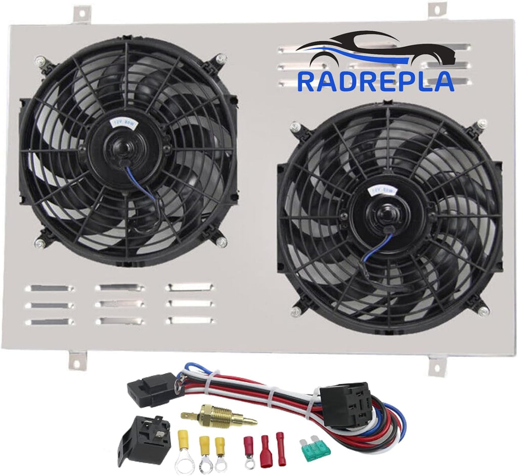 CC1451 Aluminum Crossflow Radiator Shroud with Electric Fan for 1985-1997 Ford F150 F250 F350 Bronco 5.0L/5.8L V8 1986 1987 1988 1989 1990 1992 1993 1994 1995 2x12" Fans Thermostat Relay Kit