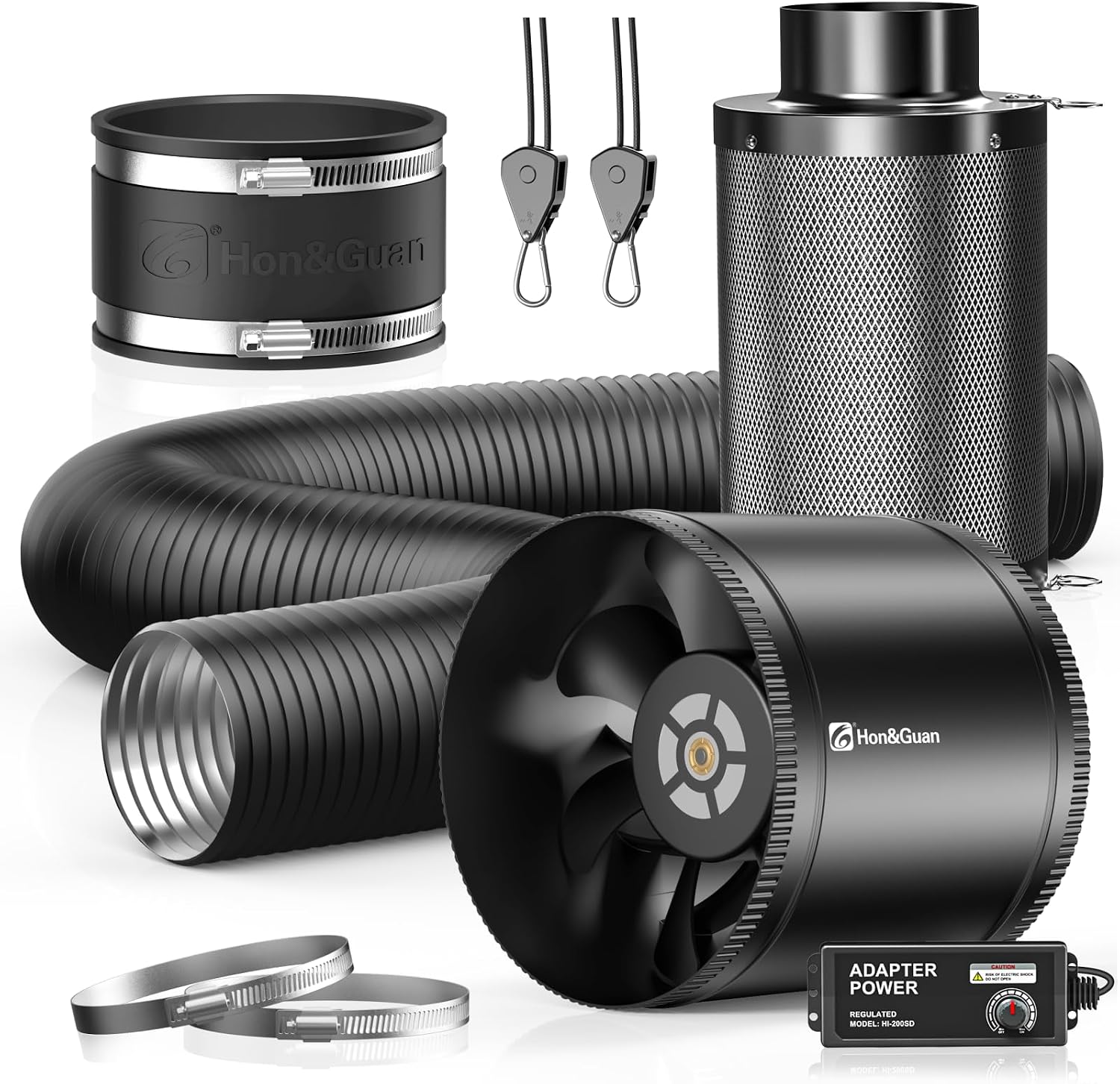 8" Air Filtration Kit: 8 Inch Inline Duct Fan with Speed Controller, 16" High Carbon Filter, 16 Ft Ducting & Rubber