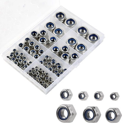 Locknuts Assortment Kit - M3 M4 M5 M6 M8 M10 M12 Metric Nylon Insert Lock Nuts Set,140PCS Lock Nuts,304 Stainless Steel