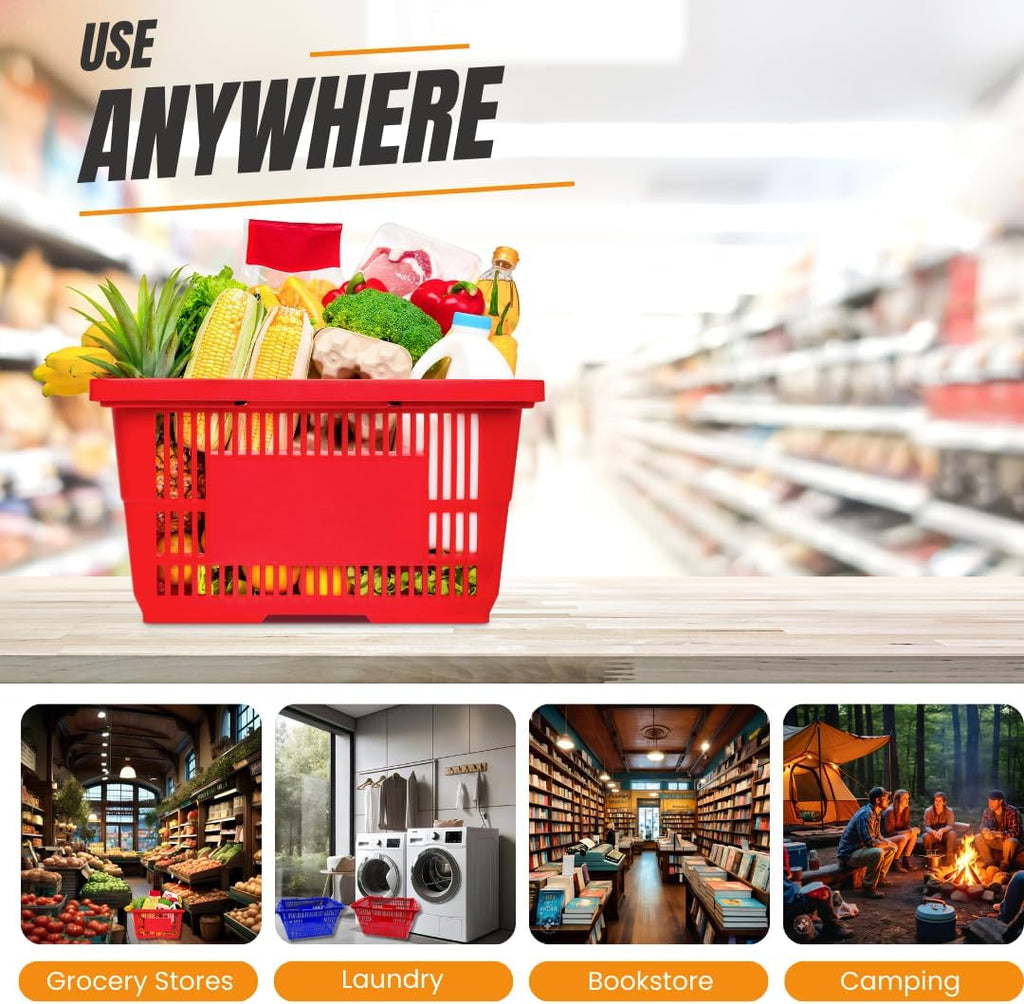Stackable Plastic Shopping Baskets, Red and Blue, Easy-Grip Handles for Grocery, Retail, Liquor Stores, Home Use