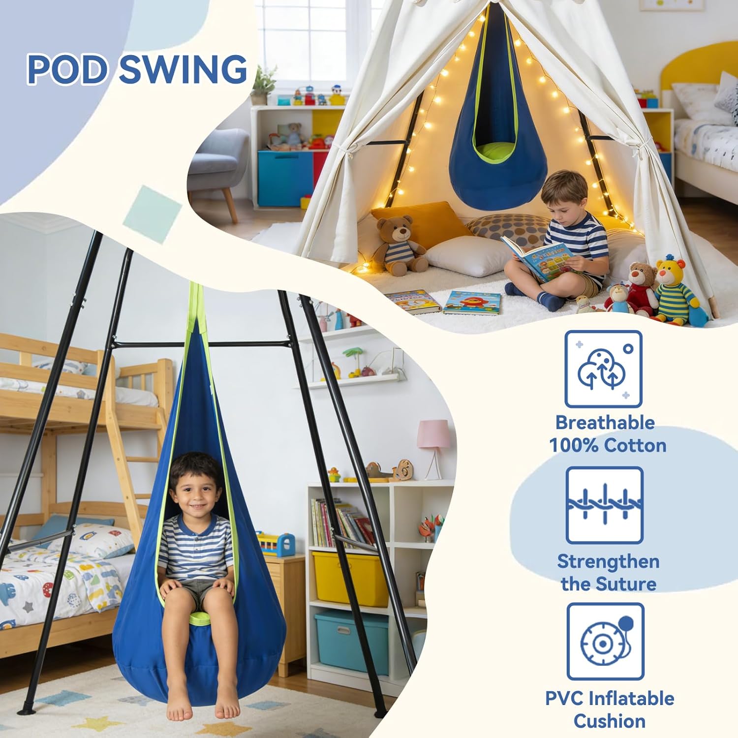 Swing Stand Frame with Sensory Pod Swings and Kids Tent,Play Tent,Heavy Duty Metal Swings Frame,Cotton Sensory Pod