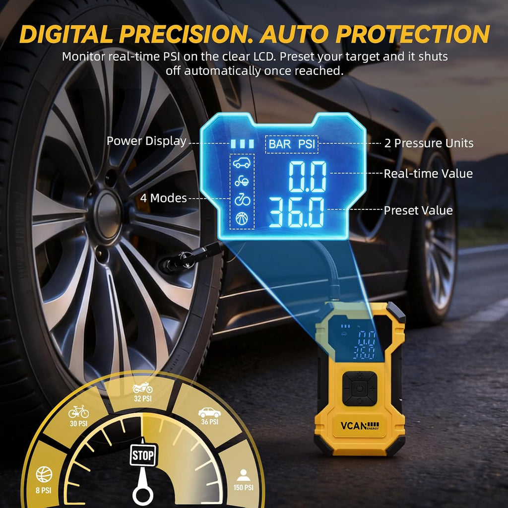 Flat Tire Repair Kit with Air Compressor, 150PSI Portable Air Pump with Auto-Stop & LED, Heavy Duty Tire Plug Kit for