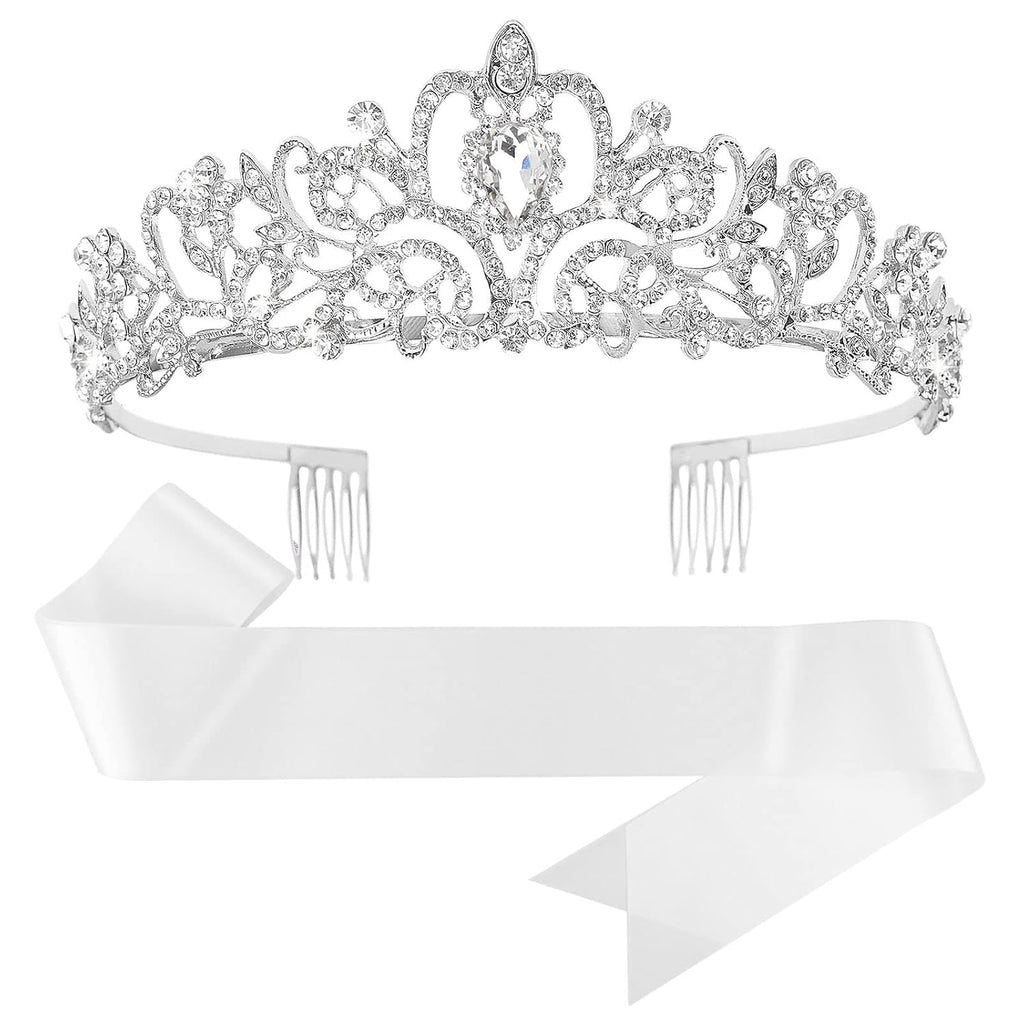 Crown and Sash, White Satin Sash with Crystal Crown, Customizable for Weddings, Birthdays, Proms, and More