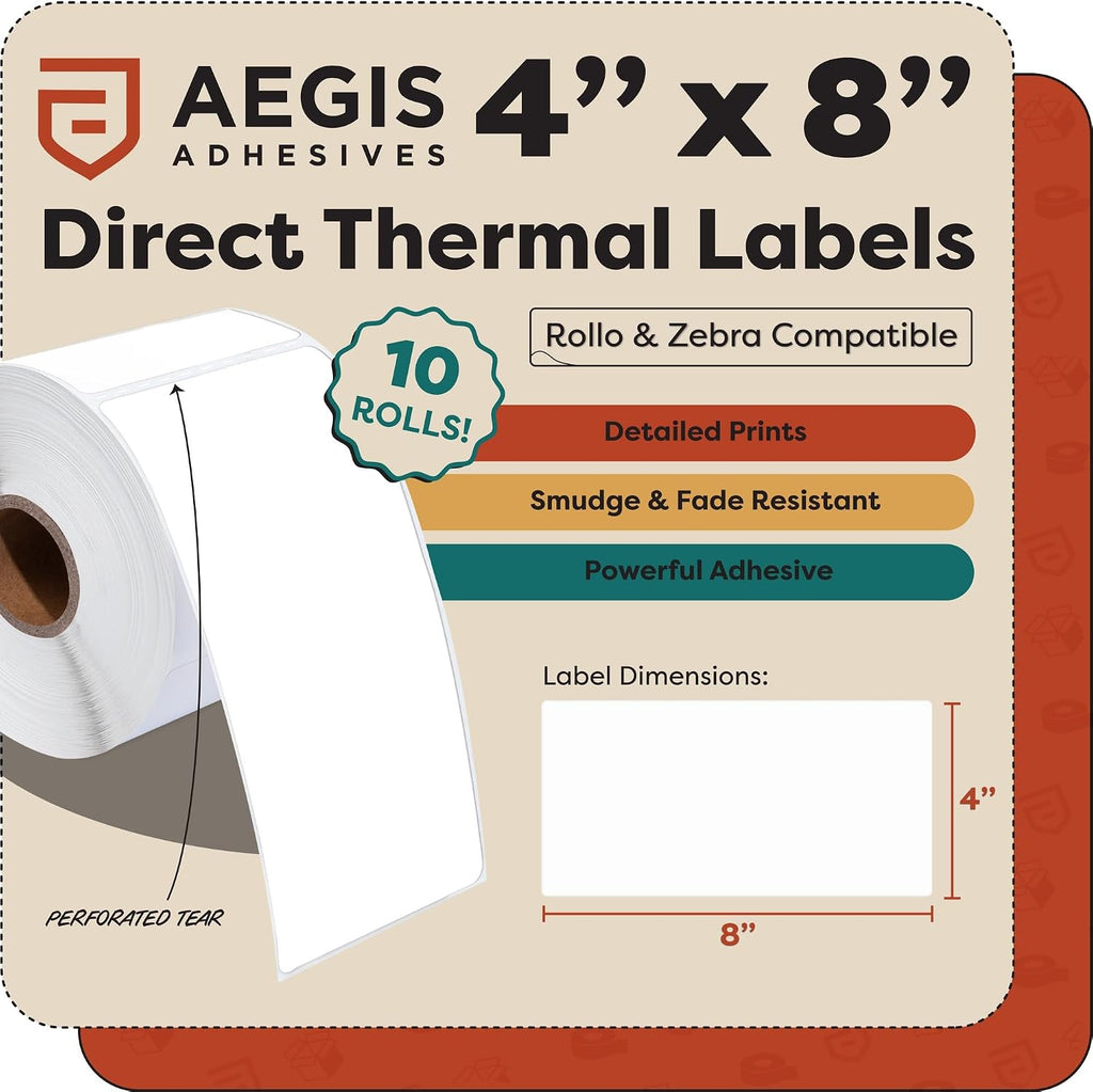 4" X 8" Direct Thermal Labels (2000 Count, 10 Rolls) - Large | Shipping and Barcode Labels, Thermal Sticker Roll for
