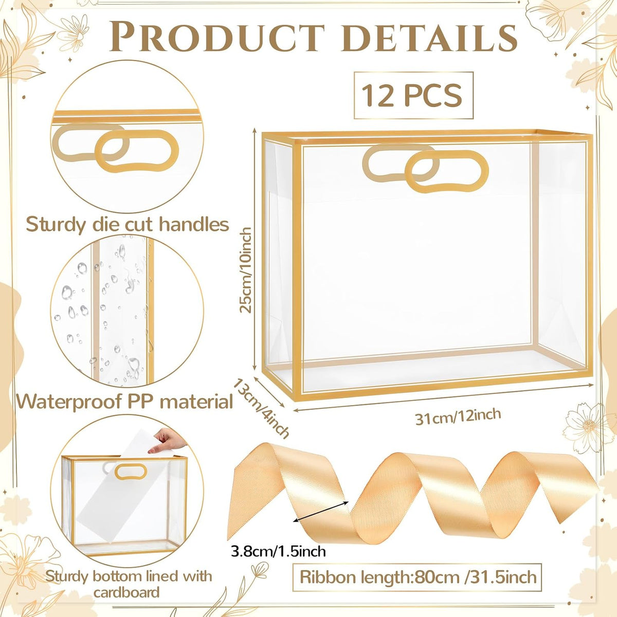 12 Pcs Christmas Gold Clear Plastic Gift Bags with Die Cut Handles