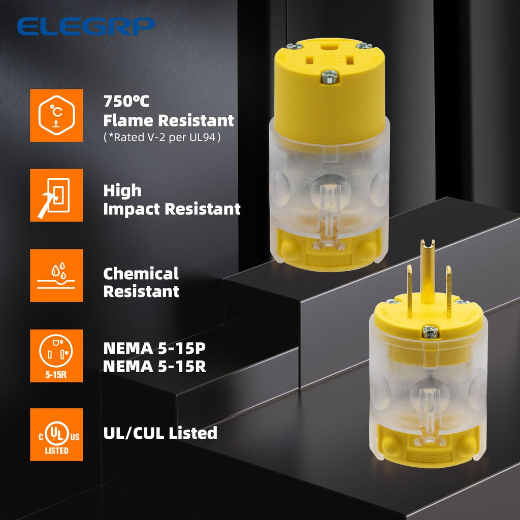 Lighted Straight Blade Electrical Plug and Connector Set 15 Amp 125 Volt NEMA 5-15P NEMA 5-15R 2 Pole 3 Wire