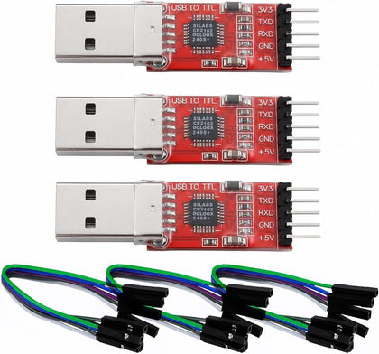 CP2102 USB to TTL Serial Adapter – USB 2.0 to 5Pin UART Converter Module with 3.3V/5V Output, STC Compatible, Includes Jumper Wires – for Arduino, ESP8266, STM32, DIY Projects (3-Pack)