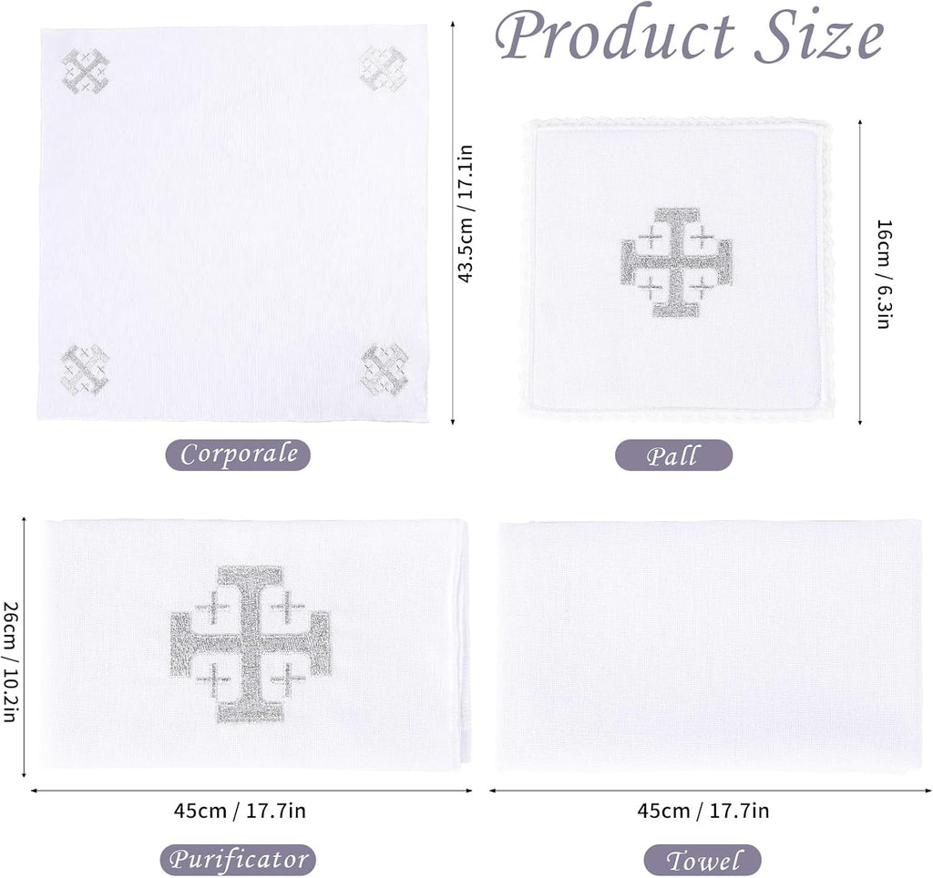 4 Pack Altar Supplies Linen Corporal for Churches Set (Pall,Corporal,Purificator,Towel) White Linen Altar Cloth