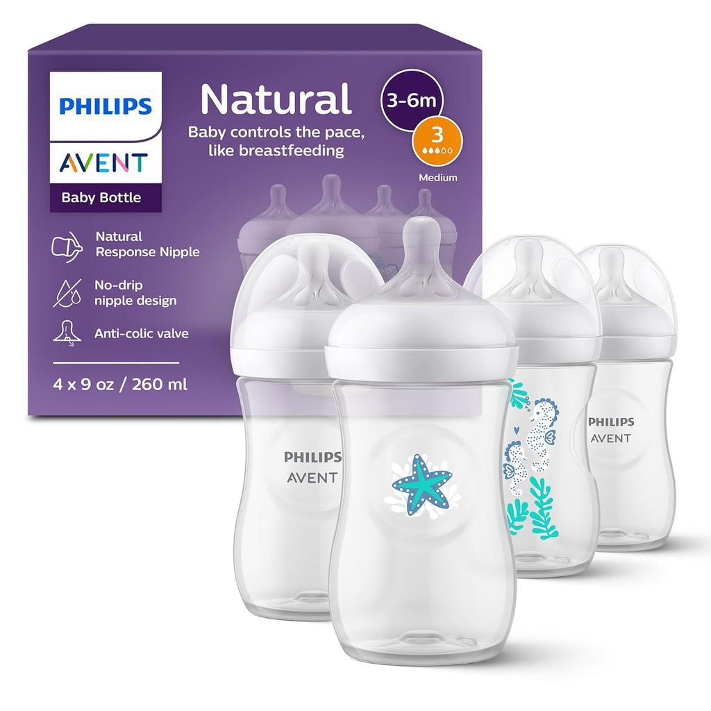 Natural Baby Bottles with Natural Response Nipples (Medium Flow, Flow 3), with Seahorse and Starfish Design, 9oz