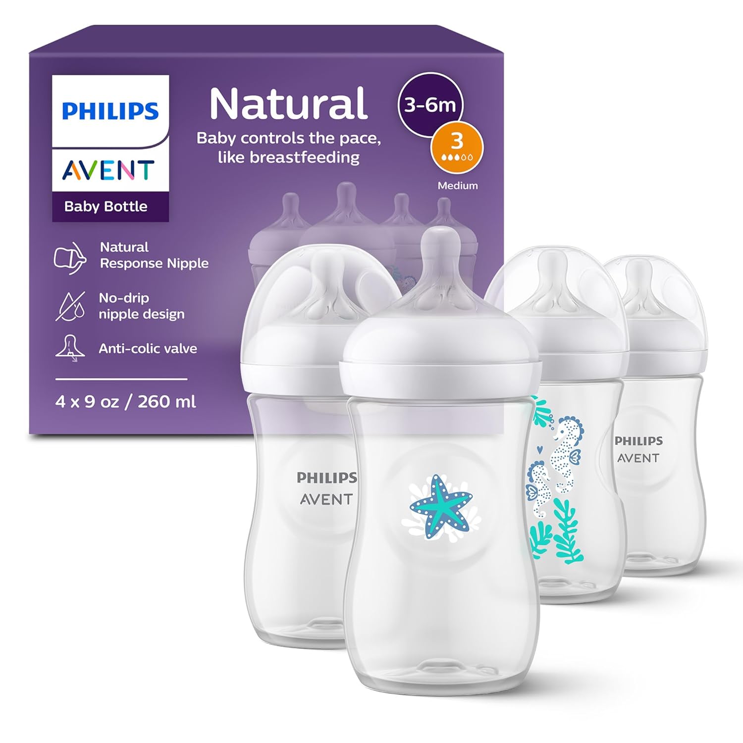 Natural Baby Bottles with Natural Response Nipples (Medium Flow, Flow 3), with Seahorse and Starfish Design, 9oz