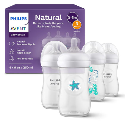 Natural Baby Bottles with Natural Response Nipples (Medium Flow, Flow 3), with Seahorse and Starfish Design, 9oz