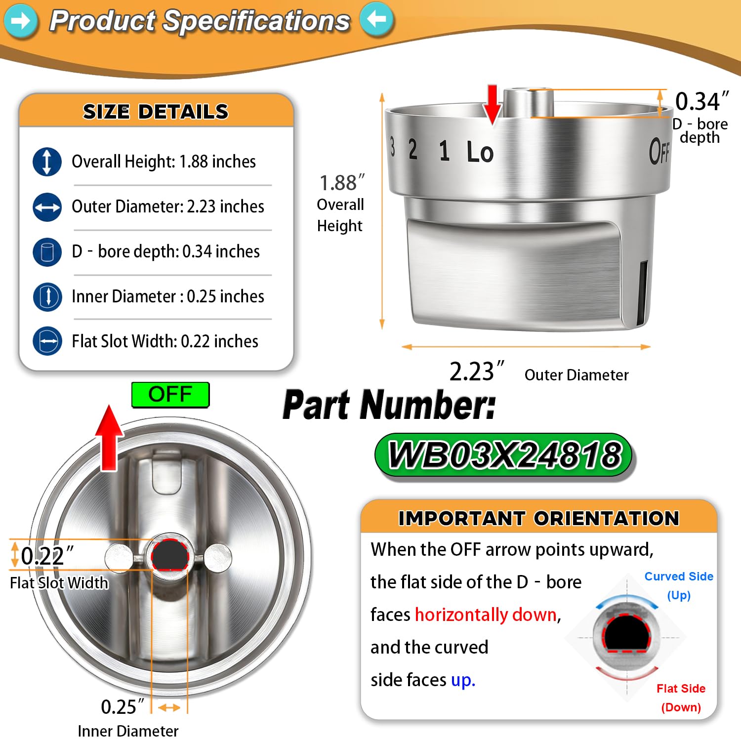 Stainless Steel WB03X24818 for GE Stove Knobs Replacements,Compatible with GE Gas Ranges top knobs,Compatible