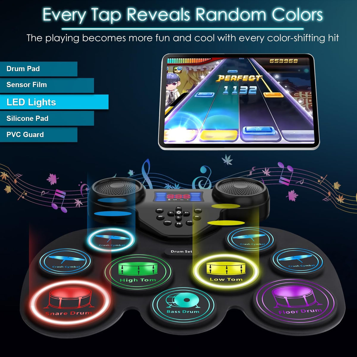 Electronic Drum Set with 7-Color LED Light Show on Strike, 9-Pad Electric Drums Set Bluetooth MIDI Support