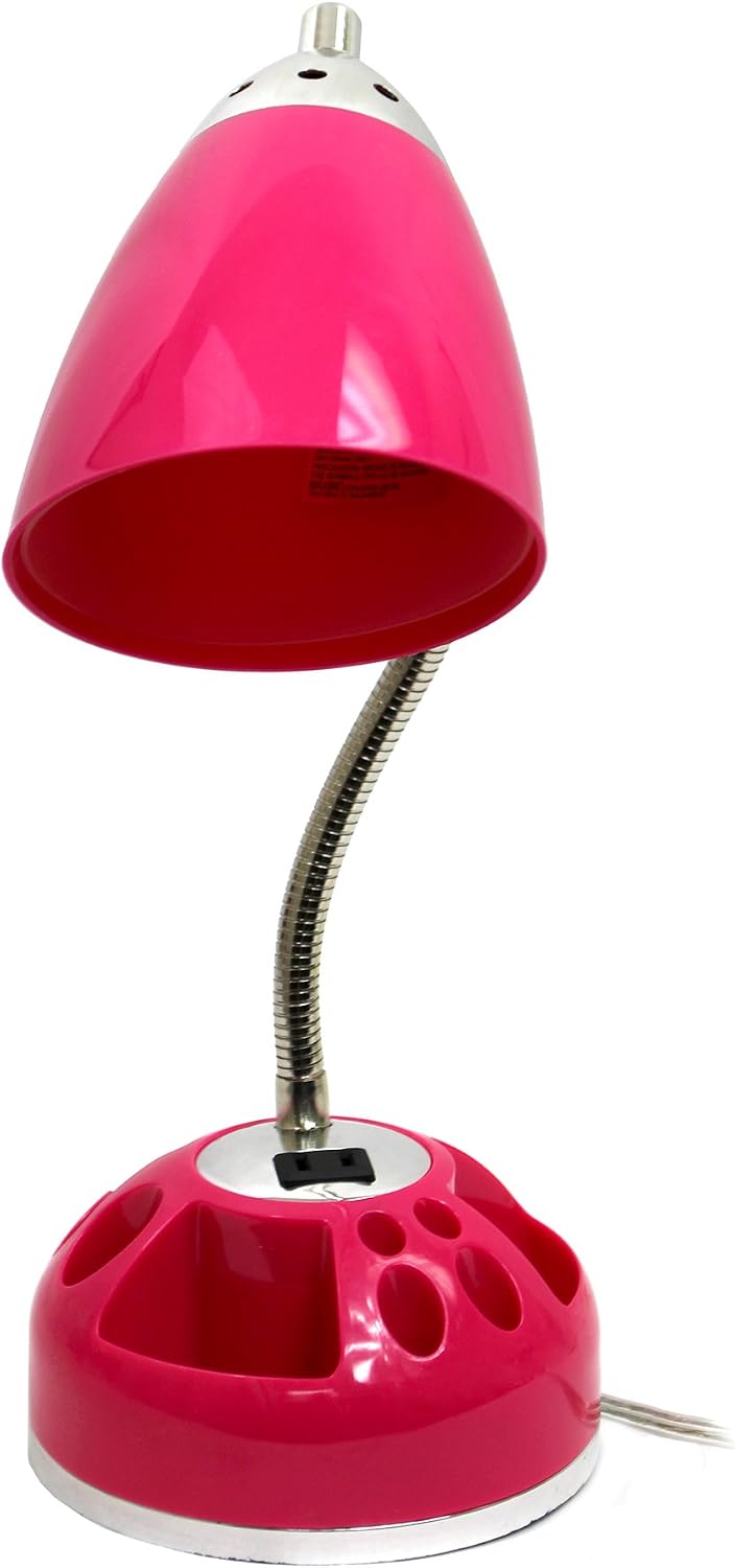 LD1015-PNK Flossy Organizer Desk Lamp with Charging Outlet and Lazy Susan Base, Pink