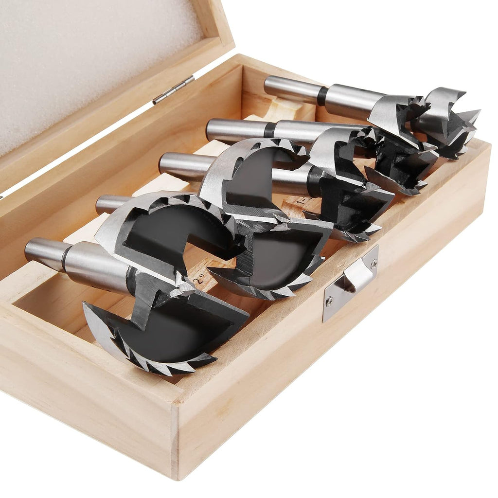 Forstner Bit Set 5Pcs - Forstner Bits for Wood, Wood Drilling with Round Shank, Drill Accessories, Size 1", 1-3/8"