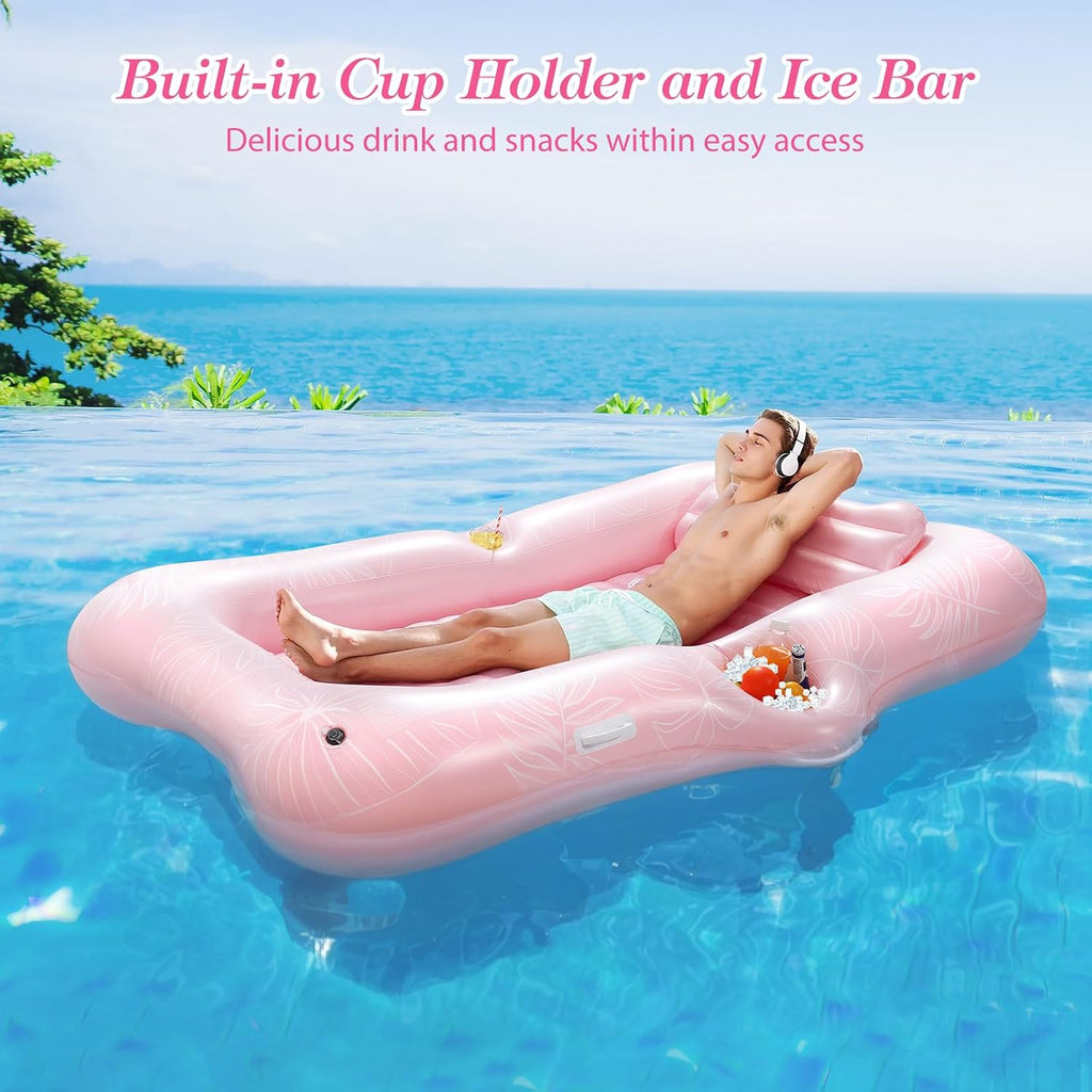 Pool Floats Adult, Large Floating Bed with Ice Bar, Tanning Bed Pool Raft Inflatable Lounger with Drink Holder