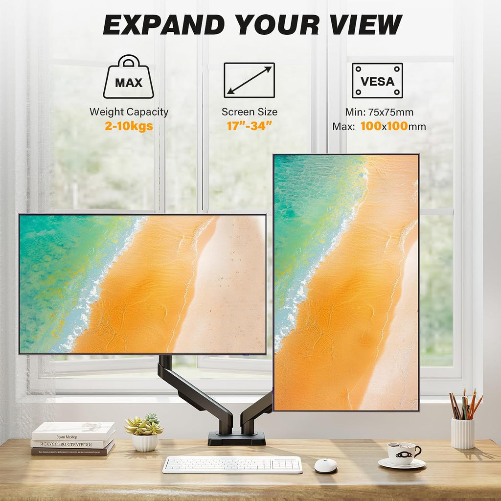 Dual Monitor Stand for 17-34 Inch Computer Screens | Gas Spring Full Motion Dual Arms, Each Holds 22lbs, Fits