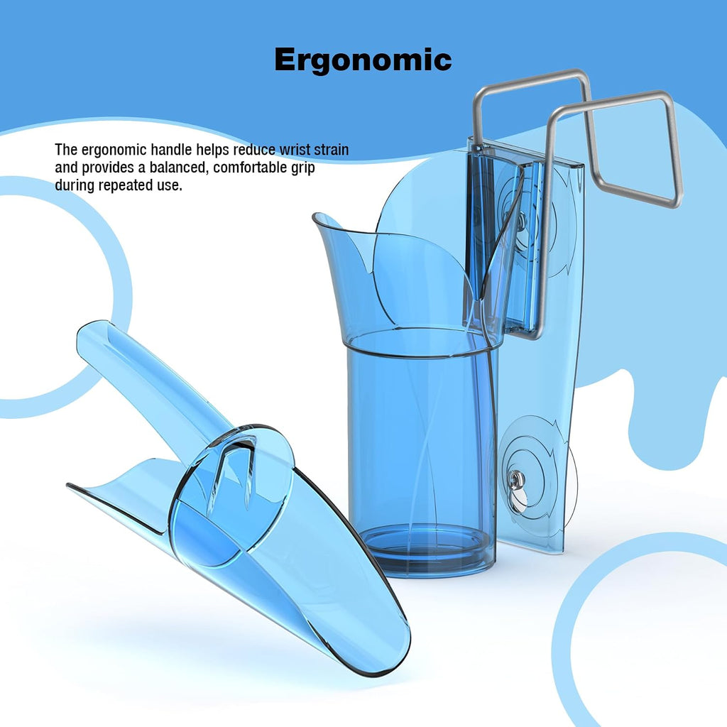 Ergonomic Ice Scoop with Shield and Pouring Chute – Includes Storage Caddy, 6–10 oz Capacity, Blue
