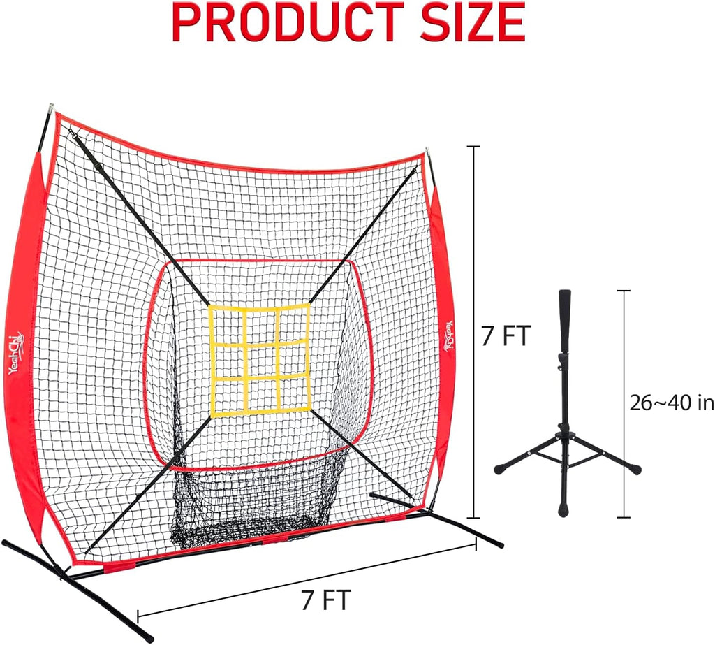 7x7 Ft Baseball and Softball Training Net with Batting Tee, Strike Zone Target, Portable Hitting and Pitching