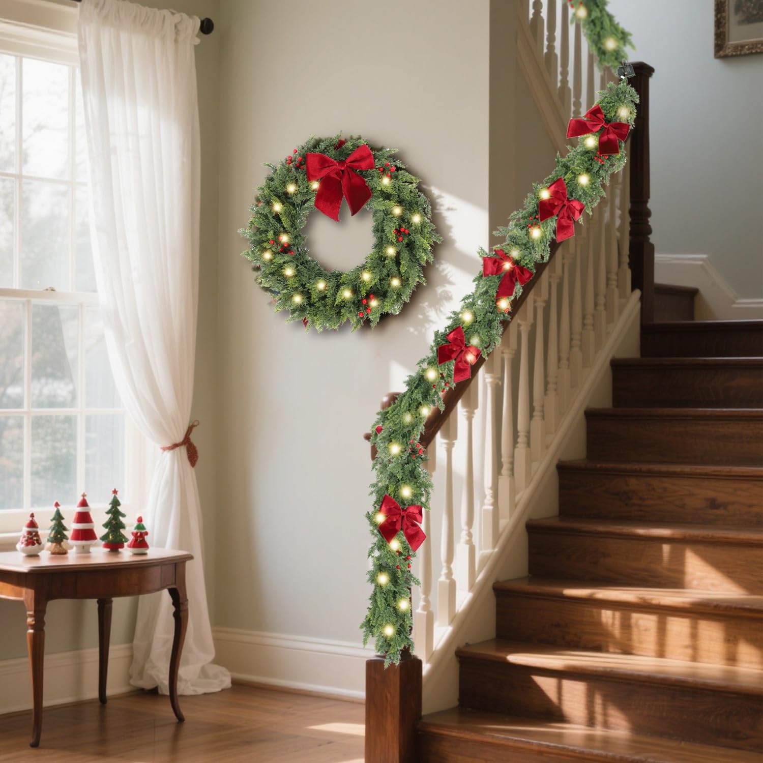 9ft Pre-Lit Real Touch Cedar Christmas Garland with Lights | Lighted Cypress Garland for Mantle,Greenery Christmas