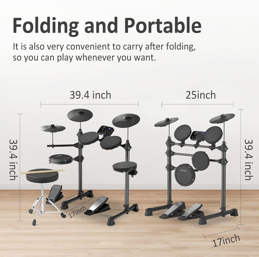 Electric Drum Set For Beginner 150 Sounds,4 Quiet Drum Pads,2 Pedals | 10"Cymbals,Throne,Sticks,USB MIDI,Electronic