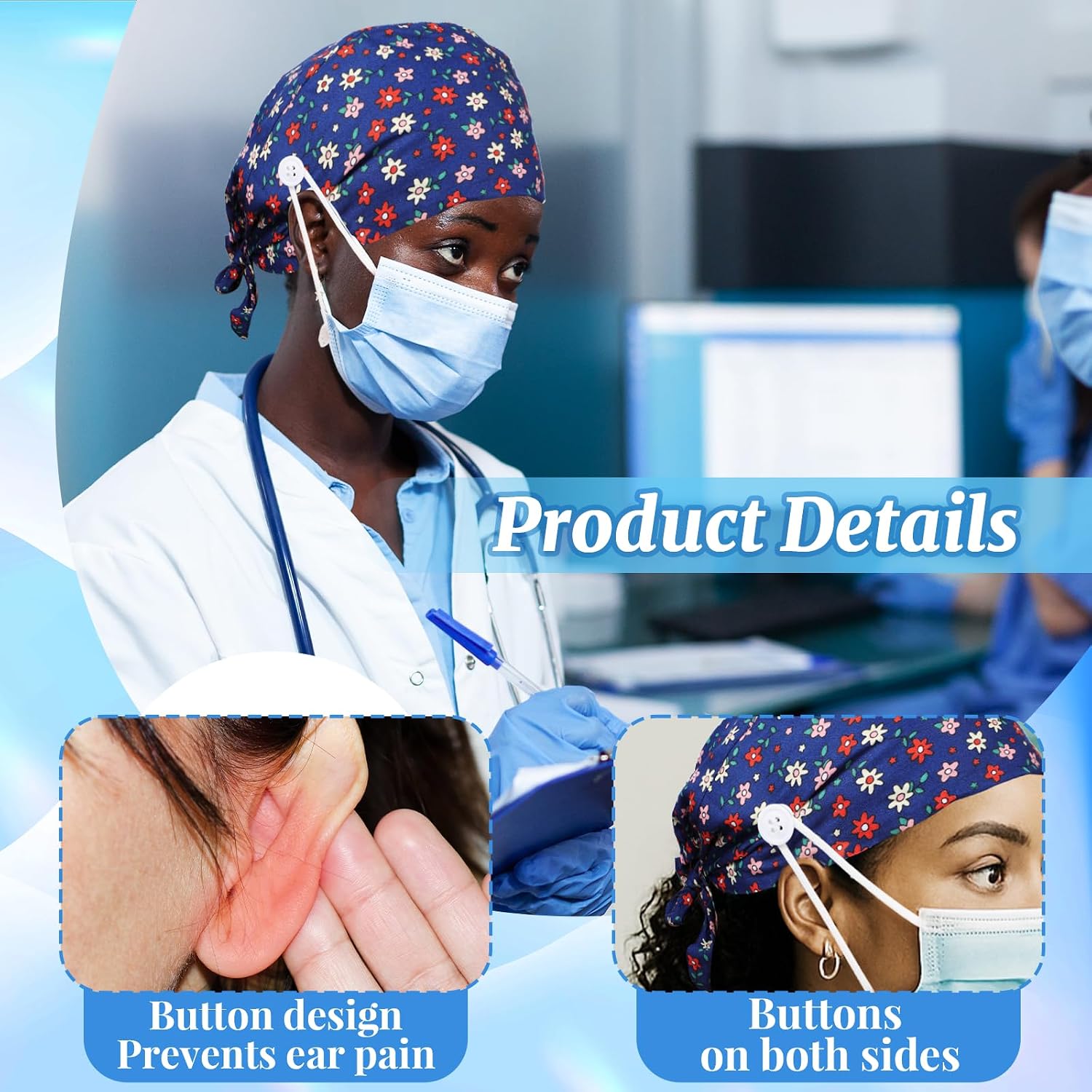Heclia 2PCS Women Nurse Caps, Elastic Tie Back Scrub Cap, Nursing Working Caps with Adjustable Elastic Sweatband