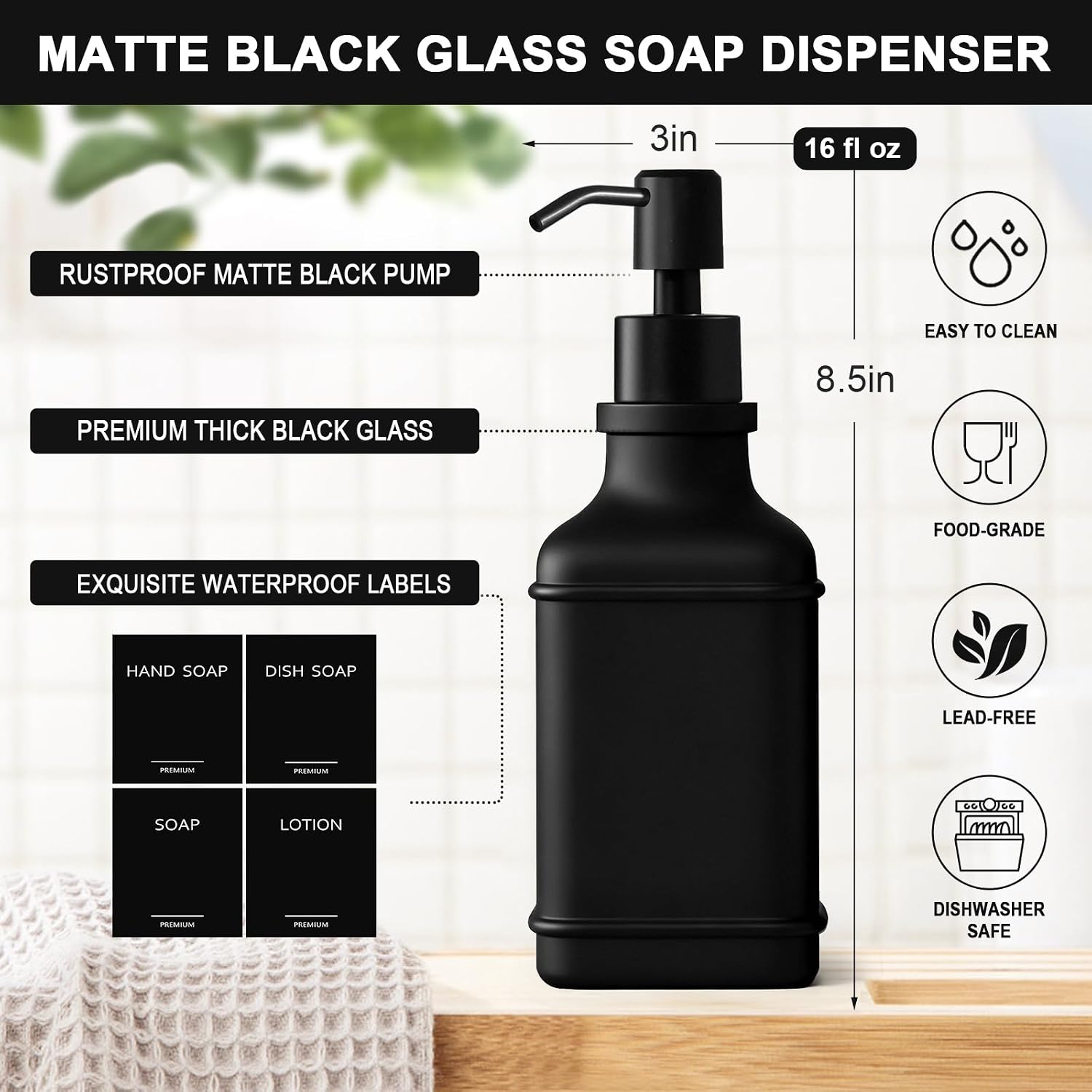 Modern Kitchen Soap Dispenser Set with Wood Tray, Black Glass Soap Dispenser with Pump, Decorative Hand and Dish Soap