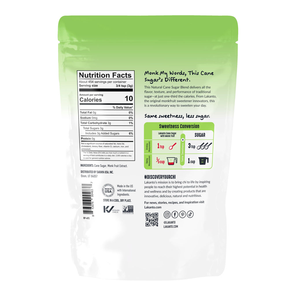 Cane Sugar with Monk Fruit Sweetener, Reduced Sugar Cane, 3 lb
