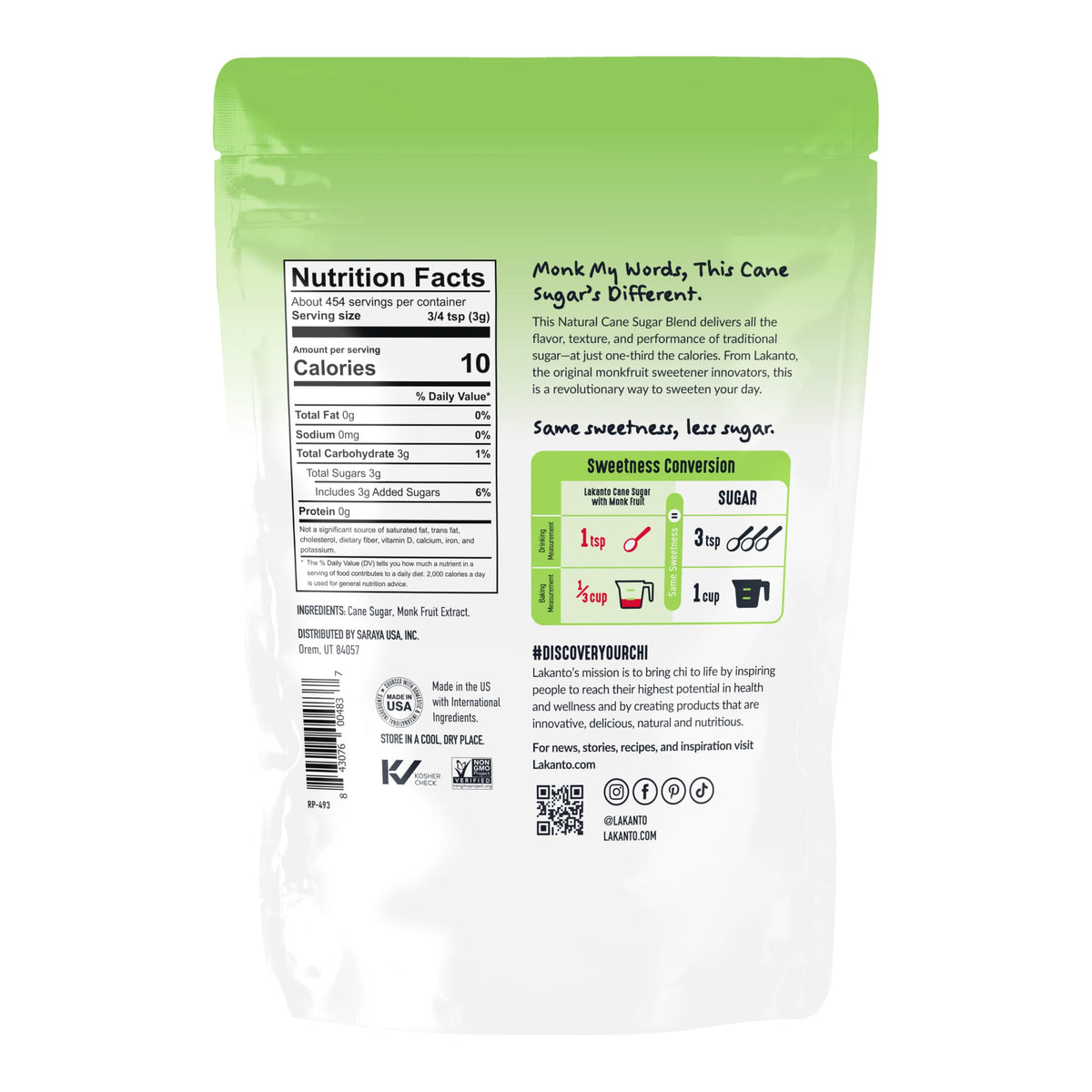 Cane Sugar with Monk Fruit Sweetener, Reduced Sugar Cane, 3 lb