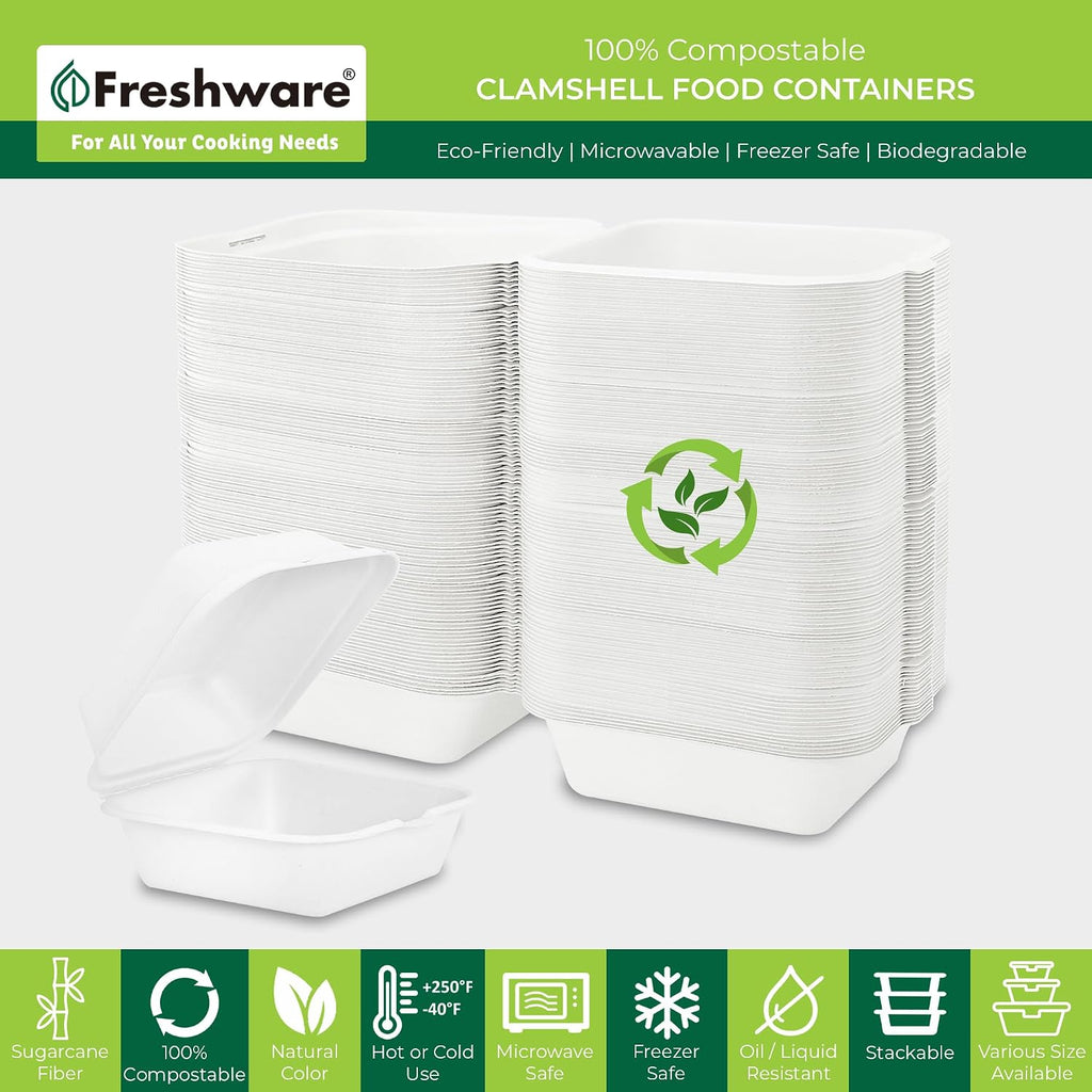 Clamshell Food Containers with Lids [6x6 50-Pack] Disposable To Go Containers, Biodegradable Sugarcane To Go Boxes