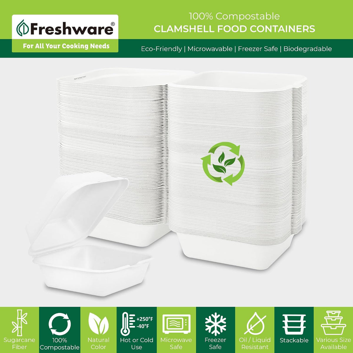 Clamshell Food Containers with Lids [6x6 50-Pack] Disposable To Go Containers, Biodegradable Sugarcane To Go Boxes