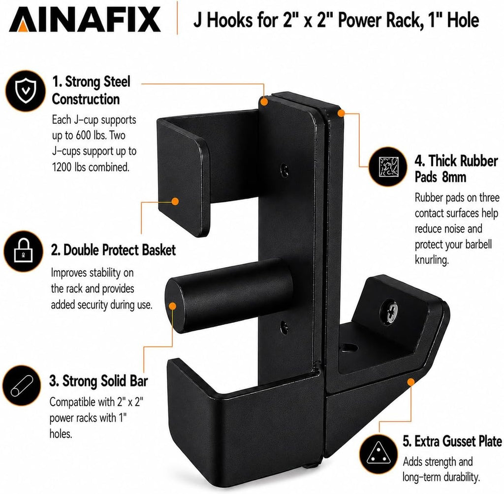 J Hooks for 2" x 2" Power Rack, Rubber Pad J-Hook for Power Cage, Bottom Reinforced Steel J Cups for Squat Rack