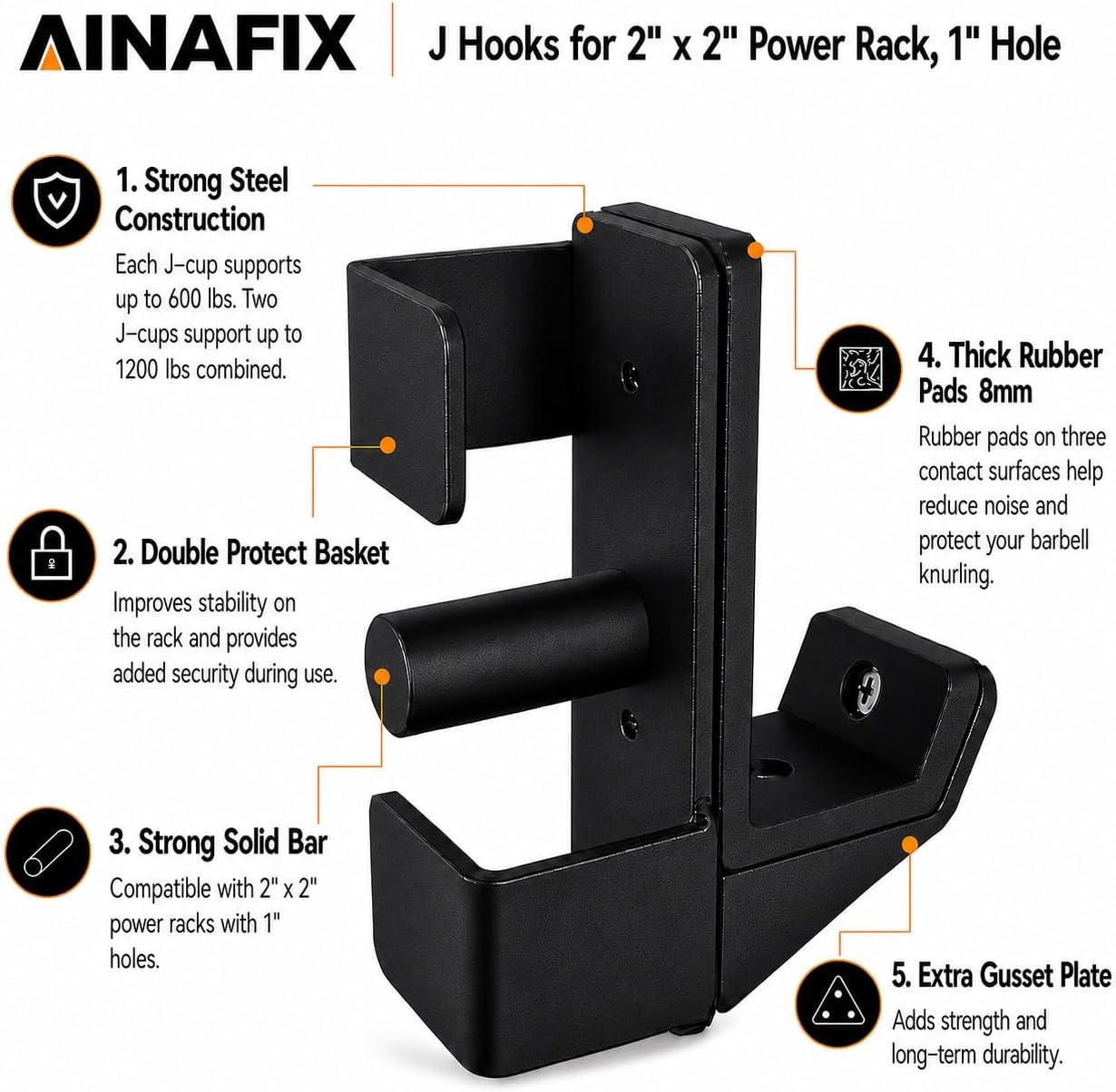 J Hooks for 2" x 2" Power Rack, Rubber Pad J-Hook for Power Cage, Bottom Reinforced Steel J Cups for Squat Rack