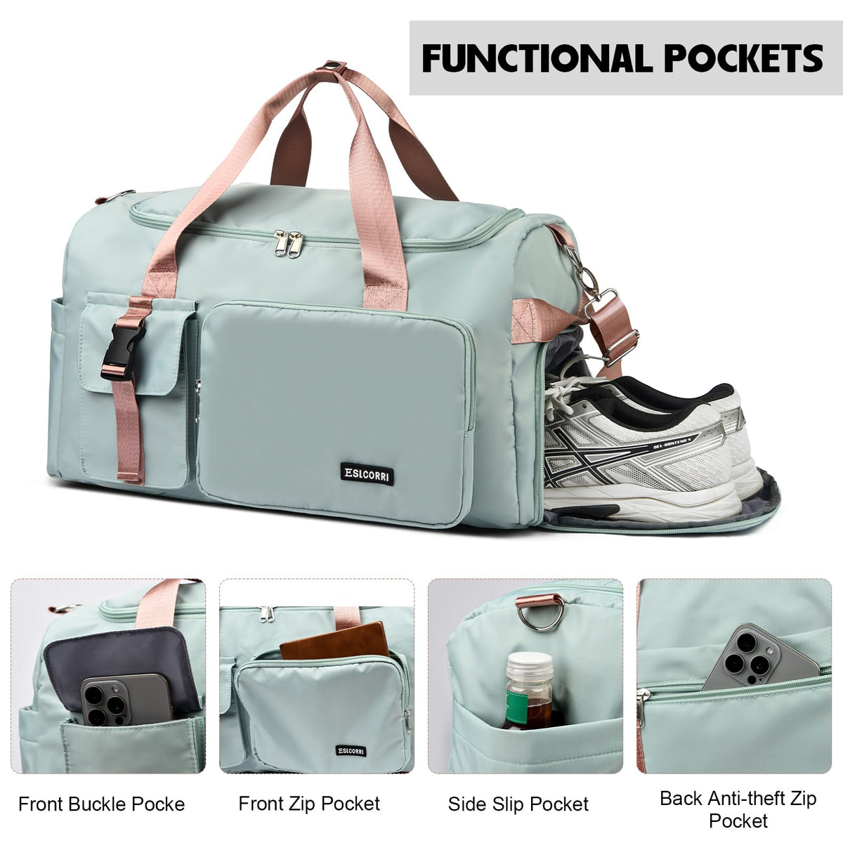 Gym Duffle Backpack 42L Travel Bag with Shoe Pocket, Check Apricot
