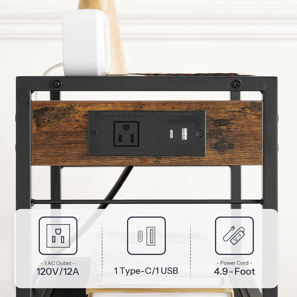 Industrial Printer Stand, 3-Tier Mobile Printer Table, Rolling Cart with Power Outlets and USB Ports, Home Printer