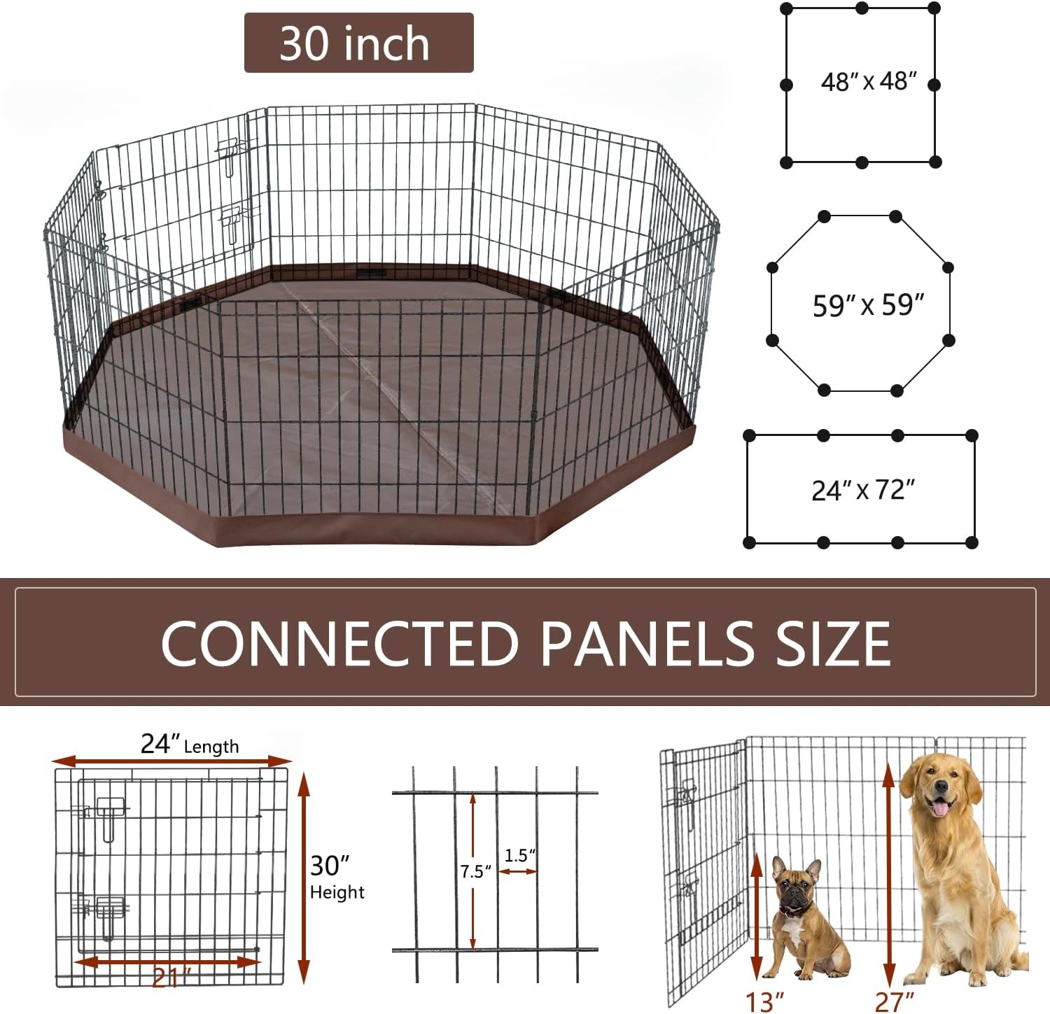 Foldable Silver Metal Dog Exercise Playpen Gate Fence Dog Crate 8 Panels 30 Inch Height Puppy Kennels with Bottom Pad